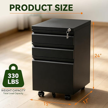 SAWJEC 3 Drawer File Cabinet with Lock, Black Metal Filing Cabinet for Home Office, Fully Assembled, Vertical Locking File Cabinet with Letter Legal A4 Size Hanging Files, 15" W x 17" D x 24" H