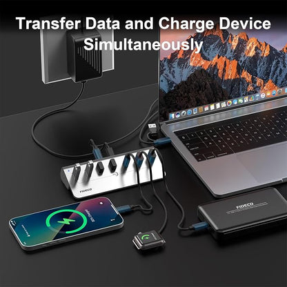 FIDECO Powered USB Hub, 7 Port 10Gbps Fast Data Hub for iPhone 16/15 and Laptop, Full Aluminum USB Splitter with 5V 3A Power Adapter, 4 USB A and 3 USB C Ports, Support BC1.2 Charging (Silver)