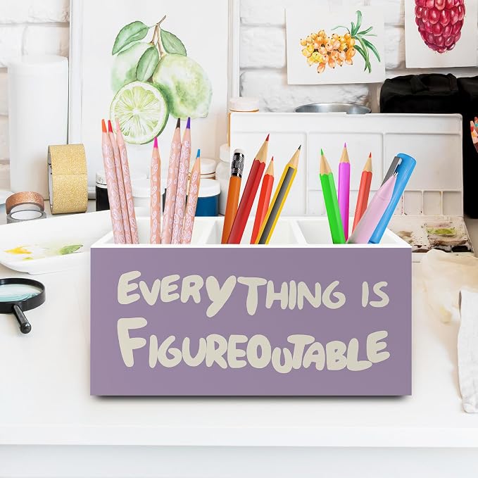 Purple Inspirational Pen Pencil Holder Organizer for Desk, Inspirational Gifts for Women, Everything Is Figureoutable Motivational Wooden Box Sign for Home Office Desk Tabletop Decorations