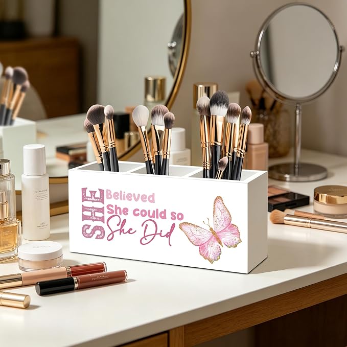 She Believed She Could So She Did Pen Pencil Holder Organizer for Desk, Inspirational Gifts for Women Friends, Graduation Gifts for Women Her, Pink Butterfly Wood Signs Desk Accessories