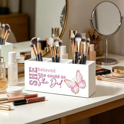 She Believed She Could So She Did Pen Pencil Holder Organizer for Desk, Inspirational Gifts for Women Friends, Graduation Gifts for Women Her, Pink Butterfly Wood Signs Desk Accessories