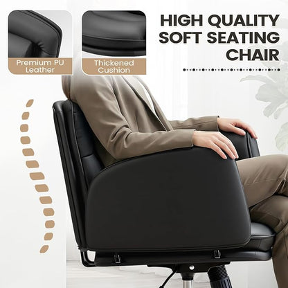 Furmax Vanity Chair with Adjustable Armrests, Comfortable Oversized PU Leather Criss Cross Chair with Wheels, Wide Office Desk Chair for Home, Make Up, Bed Room (Black)