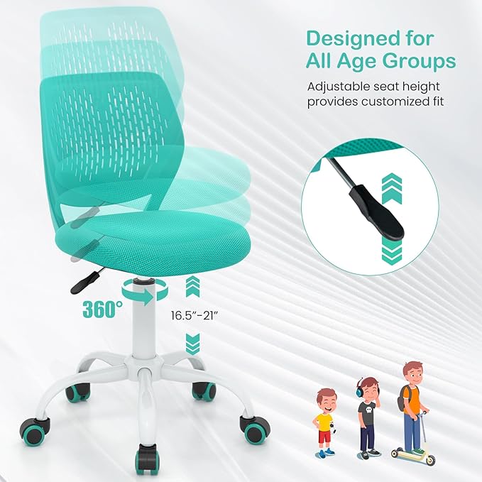 Giantex Kids Desk Chair, Armless Mesh Children Study Seat, Swivel Teen Desk Computer Chair with Adjustable Height & Lumbar Support, Turquoise