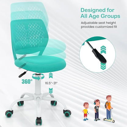 Giantex Kids Desk Chair, Armless Mesh Children Study Seat, Swivel Teen Desk Computer Chair with Adjustable Height & Lumbar Support, Turquoise