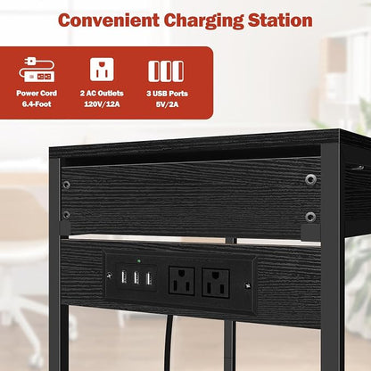 Vrisa Printer Stand with Storage Drawer Small Printer Table Cart with Wheels and Charging Station Home Mobile Computer PC Tower Label Printer Shelf Shredder Stands for Home Office, Black