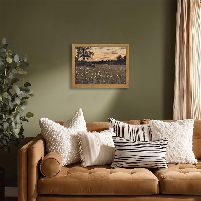 CXQILVER Vintage Framed Meadow Sunset Wall Art, Rustic Twilight Field Landscape Canvas Wall Decor Wildflowers Firefly Poster Print Farmhouse Nature Painting Artwork for Living Room Bedroom 12x16 Inch