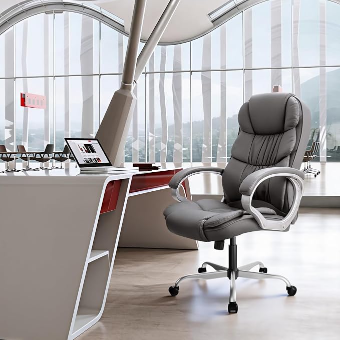 GUNJI Office Chair PU Leather High Back Executive Chair Ergonomic Computer Chair, Modern Adjustable Home Desk Chair Swivel Managerial Chair with Padded Armrests and Lumbar Support (Gray)