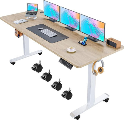 Electric Adjustable Standing Desk with Wheels, 63'' x 24''Sit Stand Desk with Dual Crossbeam Structure and Mouse Pad, 27''-46'' Lifting Range Stand up Desk(Oak)