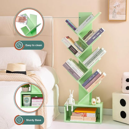 Yoobure Tree Bookshelf - 6 Shelf Retro Floor Standing Bookcase, Tall Wood Book Storage Rack for CDs/Movies, Utility Book Organizer Shelves for Bedroom, Living Room, Home Office Green