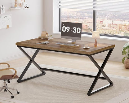 IBF 60” Rustic Computer Desk, Modern Wood Metal Home Office Desk, Farmhouse Work Desk for Writing Study in Bedroom, Minimalist Laptop Executive Workstation Computer Gaming Table, Rustic Oak, 60 in