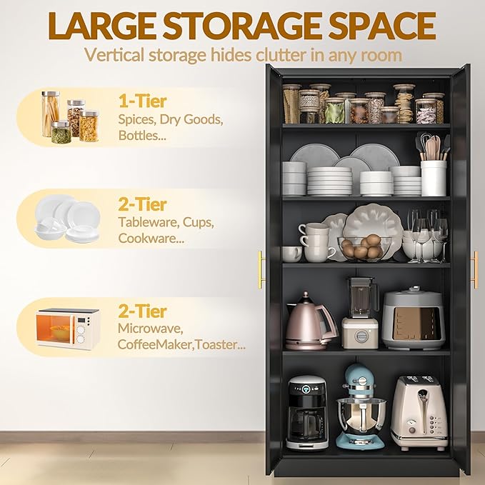BESFUR Kitchen Pantry Cabinet,71” Metal Tall Pantry Storage Cabinet with Doors and 4 Adjustable Shelves,Kitchen Storage Cabinets Black Freestanding Food Cabinet for Pantries, Kitchen