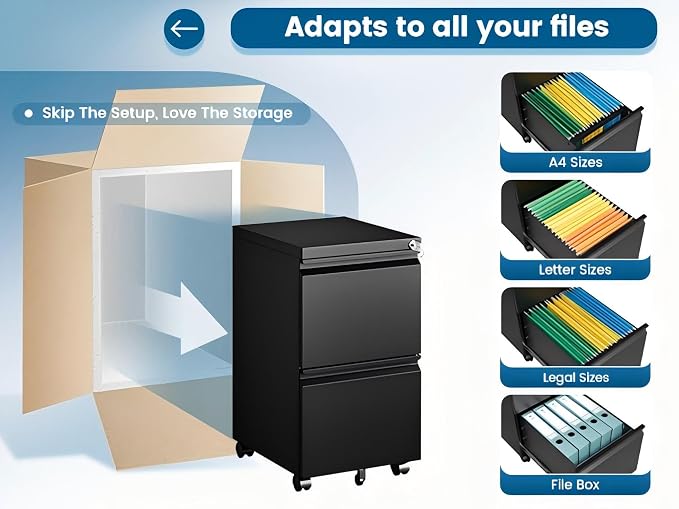 PEUKC 2 Drawers Mobile File Cabinet with Lock, Under Desk Rolling File Cabinet for Home Office, Organizes Letter Legal A4 Files, Black(Pre-Assembled)