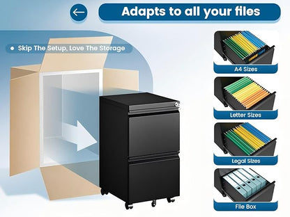 PEUKC 2 Drawers Mobile File Cabinet with Lock, Under Desk Rolling File Cabinet for Home Office, Organizes Letter Legal A4 Files, Black(Pre-Assembled)