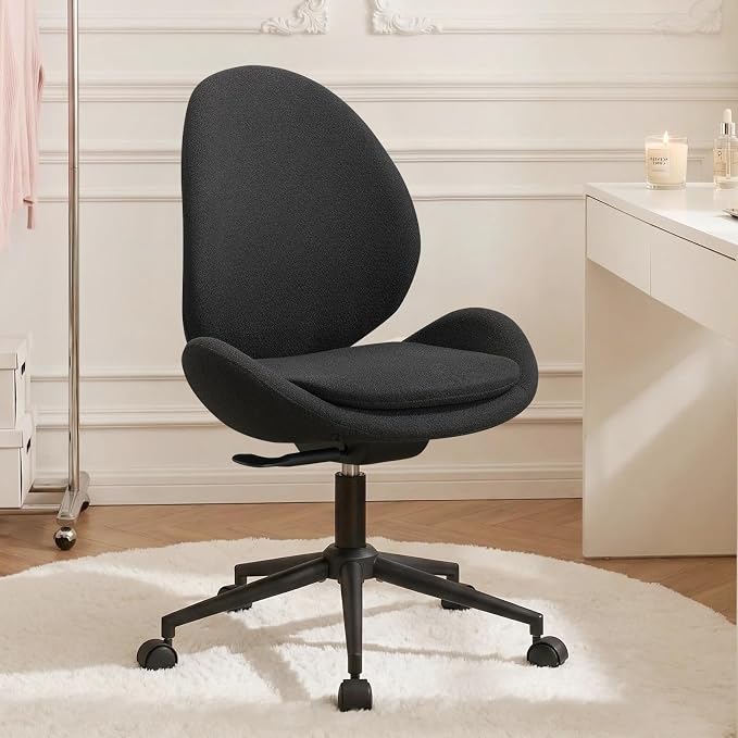 Furniliving Velvet Vanity Chair with Wheels, Adjustable Height Swivel Desk Chair& Lumbar Support, Armless Upholstered Makeup Chair for Bedroom Home Office Study Room (Black)