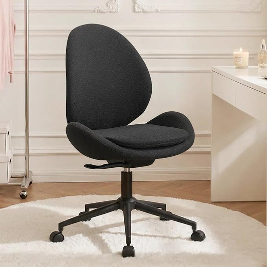 Furniliving Velvet Vanity Chair with Wheels, Adjustable Height Swivel Desk Chair& Lumbar Support, Armless Upholstered Makeup Chair for Bedroom Home Office Study Room (Black)