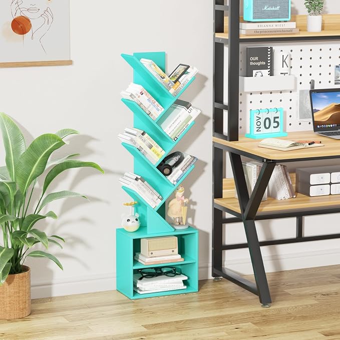 SHEEPAM 10 Tier Tree Bookshelf,Floor Standing Wood Tall Bookcase for Narrow Space, Storage Organizer Bookshelves for Books, Book Case for CDs/Movies/Books,Home Office,Living Room, Bedroom