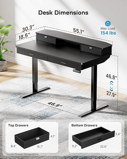 HUANUO 55 x 30 inch Standing Desk with Wood Drawers,Electric Stand up Home Office Desk Adjustable Height with Two Tiers, Black Ergonomic Stand up Desk with Monitor Stand