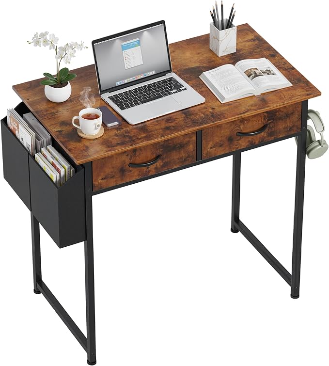 OLIXIS 32 Inch Small Desk with Fabric Drawers for Home Office, Gaming Computer Desk with Side Bag, Headphone Hook Writing Study Work Table for Bedroom Small Sapce, Brown