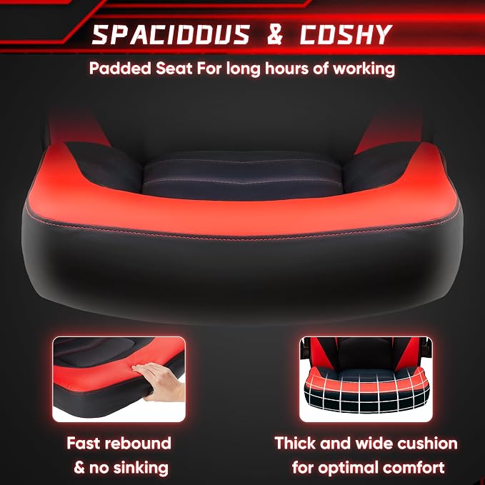 NEWBULIG Gaming Office Chair, Ergonomic High-Back with Flip-Up Armrests, Adjustable Height, Lumbar Support, PU Leather Comfort Seat & 360° Silent Swivel Wheels, for Home/Office, Red