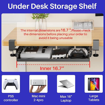 Sliding No Drill Under Desk Laptop Mount, Metal Under Desk Storage Shelf with Cable Management, Slide Out Laptop Storage Tray for MacBook, Mac Mini, Fits Office Workstations(Black with slid rail)
