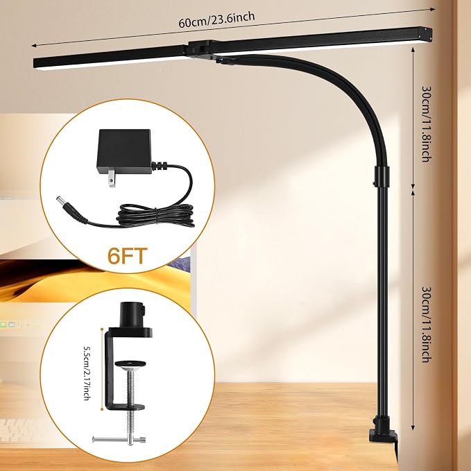 LED Desk Lamp for Office Dorm Home - Eye Caring Desk Light 18W Gooseneck Dimmable Table lamp with Anti-Glare Cover Clamp(No Remote)