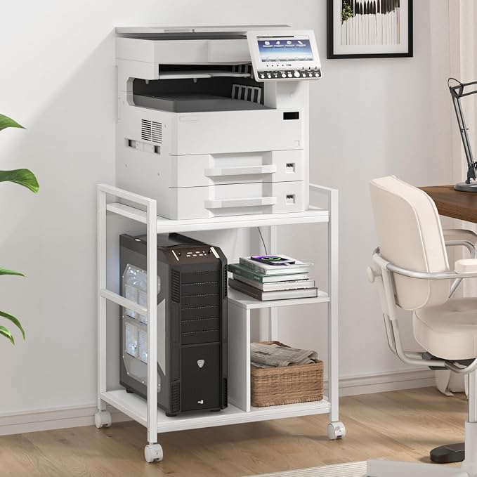 Lerliuo Printer Stand with Charging Station and USB Ports, Large 3-Tier Mobile Printer Table with Storage Shelf, White Rolling Industrial Printer Cart with Lockable Wheels for Home Office