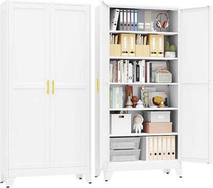 pozdeg 75" Tall Metal Storage Cabinet with 2 Doors & 5 Adjustable Shelves, Widen Steel File Cabinet Multipurpose Organizer for Home Office Garage (White)