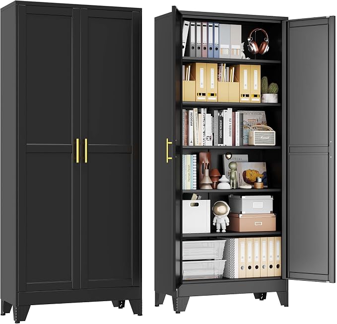 pozdeg 75" Tall Metal Storage Cabinet with 2 Doors & 5 Adjustable Shelves, Steel File Cabinet Multipurpose Organizer for Home Office Garage (Black)