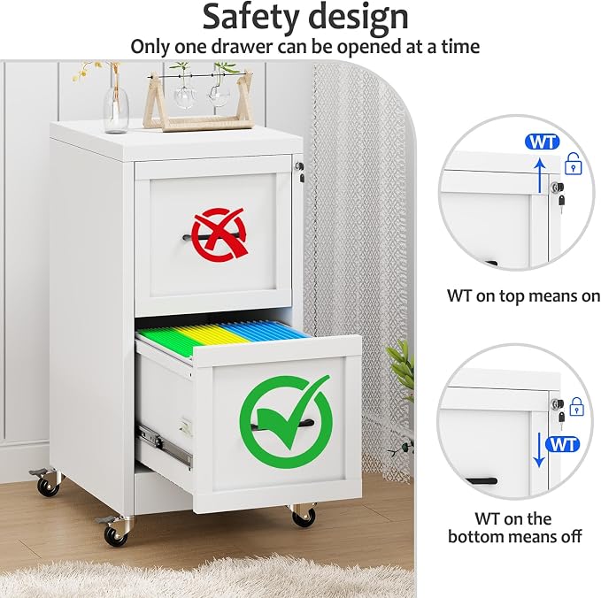 Small Metal 2-Drawer File Cabinet, Under Desk Office Cabinet, White | Rolling, Locking, Adjustable Hanging Rail, Fit A4, FC, Letter, Hanging File Folders for Home Office Storage Organization, 1PS