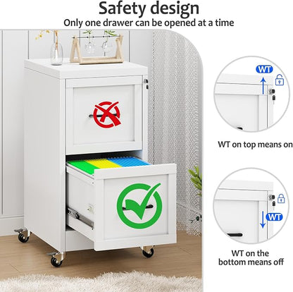 Small Metal 2-Drawer File Cabinet, Under Desk Office Cabinet, White | Rolling, Locking, Adjustable Hanging Rail, Fit A4, FC, Letter, Hanging File Folders for Home Office Storage Organization, 1PS