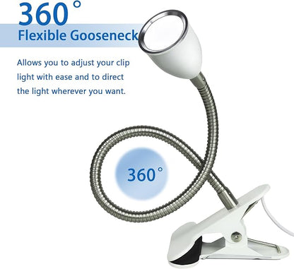 Desk lamp Eye-Caring Table Lamps, 360°Rotation Gooseneck Clip on Lamp Reading Light, Portable Reading Book Light, Clamp Light, Study Desk Lamps for Bedroom and Office Home Lighting (White with Dimme)