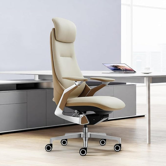 Ergonomic Executive Leather Office Chair-High Back Top Grain Leather with Adjustable Headrest, 3-Position Recline (90°-135°), Tension Control & Height Adjustment, Italian DONATI Base