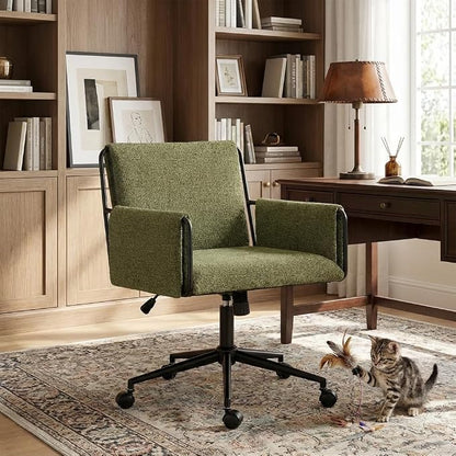 YOUNIKE Wide Seat Home Office Chair with Arms Modern Desk Chair with Wheels Fabric Vanity Chairs with Comfy Back Cross Legs Adjustable Swivel Rolling Computer Task Chair for Study Bedroom Makeup Green