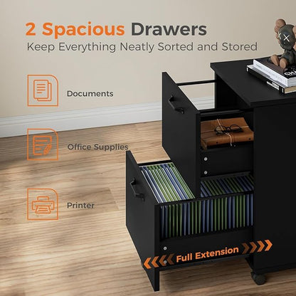 Simple Deluxe 2 Drawer Filing Cabinet, Wood Rolling Filing Cabinets with Printer Stand, Under Desk Storage Lockable Wheels, Home Office Organizer for A4 Letter Legal Size Documents,Black