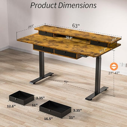 Kingant 63 x 30 Inch Electric Standing Desk with 4 Drawers, Adjustable Height Computer Desk for Home Office, Large Workstation Sit Stand Up Desk with Built-in USB A/C Charging Ports, Rustic Brown
