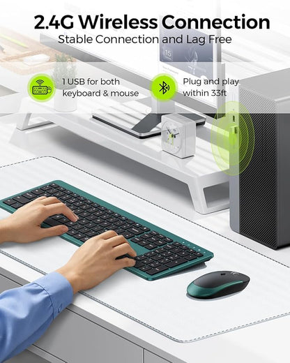 Wireless Keyboard and Mouse Combo, Full Size Slim Thin Cordless Keyboard Mouse with Numeric Keypad, Quiet Computer Keyboard Mice Set 2.4G Stable Connection Adjustable DPI (Green)