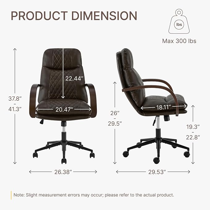 KISLOT Home Office Desk Chair, Ergonomic Office Chair with Lumbar Support, Adjustable Swivel Computer Chair with Wheels, Faux Leather Executive Task Chair with Wood Arms, Set of 2, Espresso
