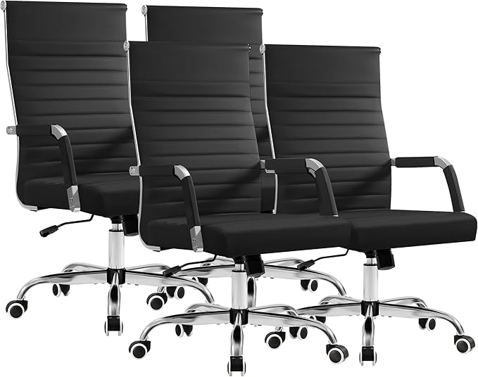 Furmax Ergonomic Office Desk Chair, Executive Ribbed Mid-Back PU Leather Conference Room Chair Adjustable Swivel Chair with Arms (4 pcs, Black)