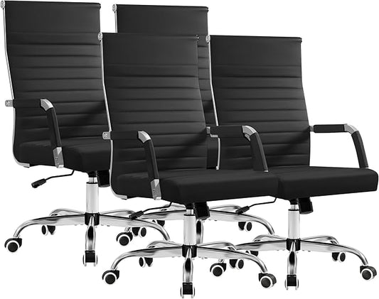 Furmax Ergonomic Office Desk Chair, Executive Ribbed Mid-Back PU Leather Conference Room Chair Adjustable Swivel Chair with Arms (4 pcs, Black)