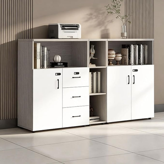 File Cabinet with Password Lock, Wood Lateral Filing Cabinet for Letter/A4 Files, 3 Drawer with Door, Printer Stand with Open Shelves for Home Office