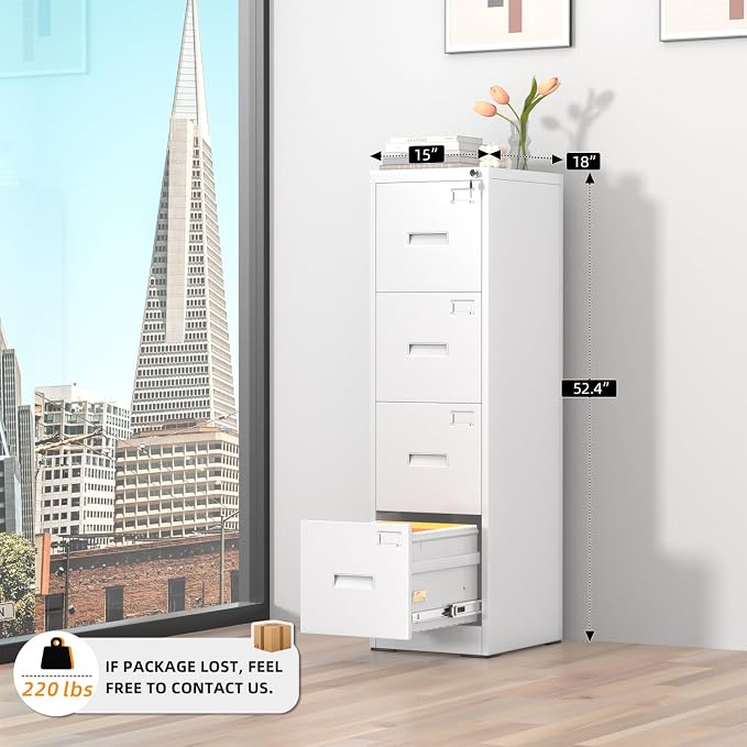 INTERGREAT 4 Drawer File Cabinet, White Metal Filing Cabinet with Lock, Tall Locking File Cabinets with 4 Adjustable Hanging Frame for Home Office