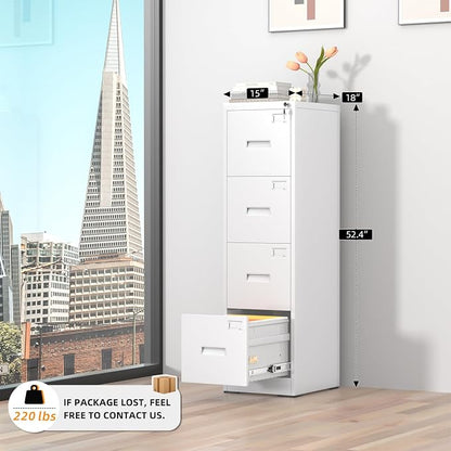 INTERGREAT 4 Drawer File Cabinet, White Metal Filing Cabinet with Lock, Tall Locking File Cabinets with 4 Adjustable Hanging Frame for Home Office