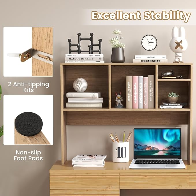 GOFLAME 4 Cubes Desktop Bookshelf, 37” Tabletop Wood Desk Shelf for Computer Monitor, Modern Countertop Desk Display Hutch Storage Organizer Shelf for Home Office, Dorm, Study, Natural