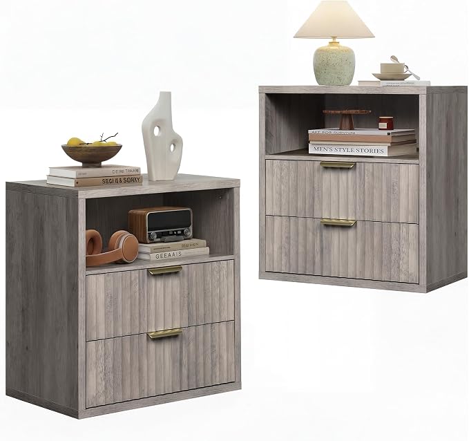 WLIVE Fluted Night Stand Set 2, Wood Nightstands Sets of 2 with Storage Drawers and Open Shelf, Mid Century Modern Bed Side Tables for Bedroom, Dorm, Greige