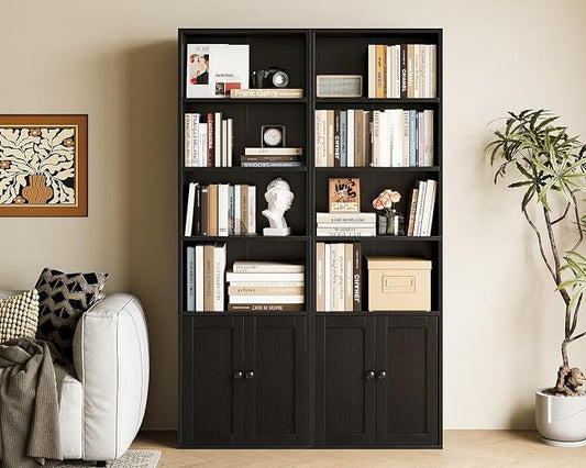 Casaottima Bookshelf and Bookcase with Doors, Floor Standing 6-Tier Shelf Display Storage Shelves, Tall Bookcases for Home Office, Living Room, Black