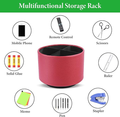 Round Leather Art Supply Organizer,Remote Control Holder,360 Degree Spinning,Multi-Functional Pencil Holder,4 Compartments Desktop Stationary Organizer(1-Lichee Red)
