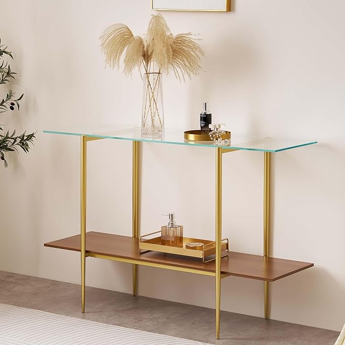LumFurn Extra Large Glass Console Table for Living Room, Foyer & Entrance, L47 x W16 x H31, Mid-Century Modern Sofa Table with Clear Glass Top, Walnut Finish Wood Top and Gold Finish Metal Frame