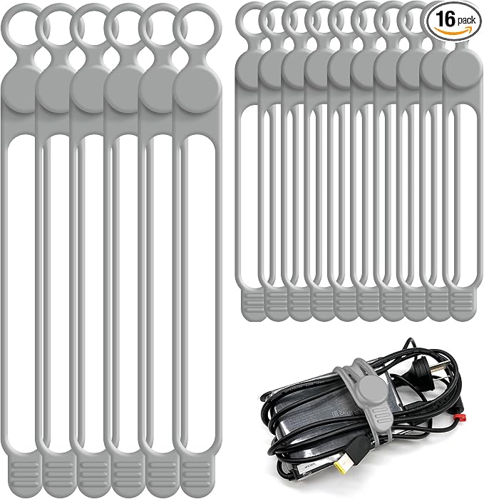 Silicone Cable Ties Cord Organizer for Cable Management, 16PCS 4.2" and 7.1" Reusable Cable Organizer Electronic Accessories for Home, Office, Kitchen, School, Travel (Grey)