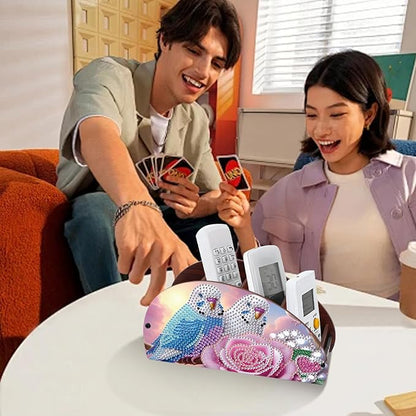 DIY Diamond Painting Tabletop Holder Lovebirds and Rose Design Handmade 5D Diamond Art Storage Box for TV AC Remotes Makeup Brushes Office Desktop Craft Valentine's Day Gift