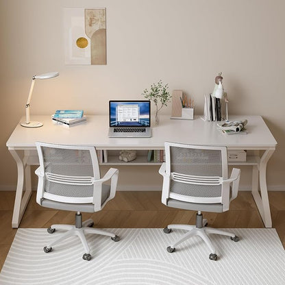 OSCHF Extra Long Desk with Bookshelf - 71" Double Long Writing Table for 2-Person Workstation, Modern Study Work Computer Desk for Home and Office, Warm White